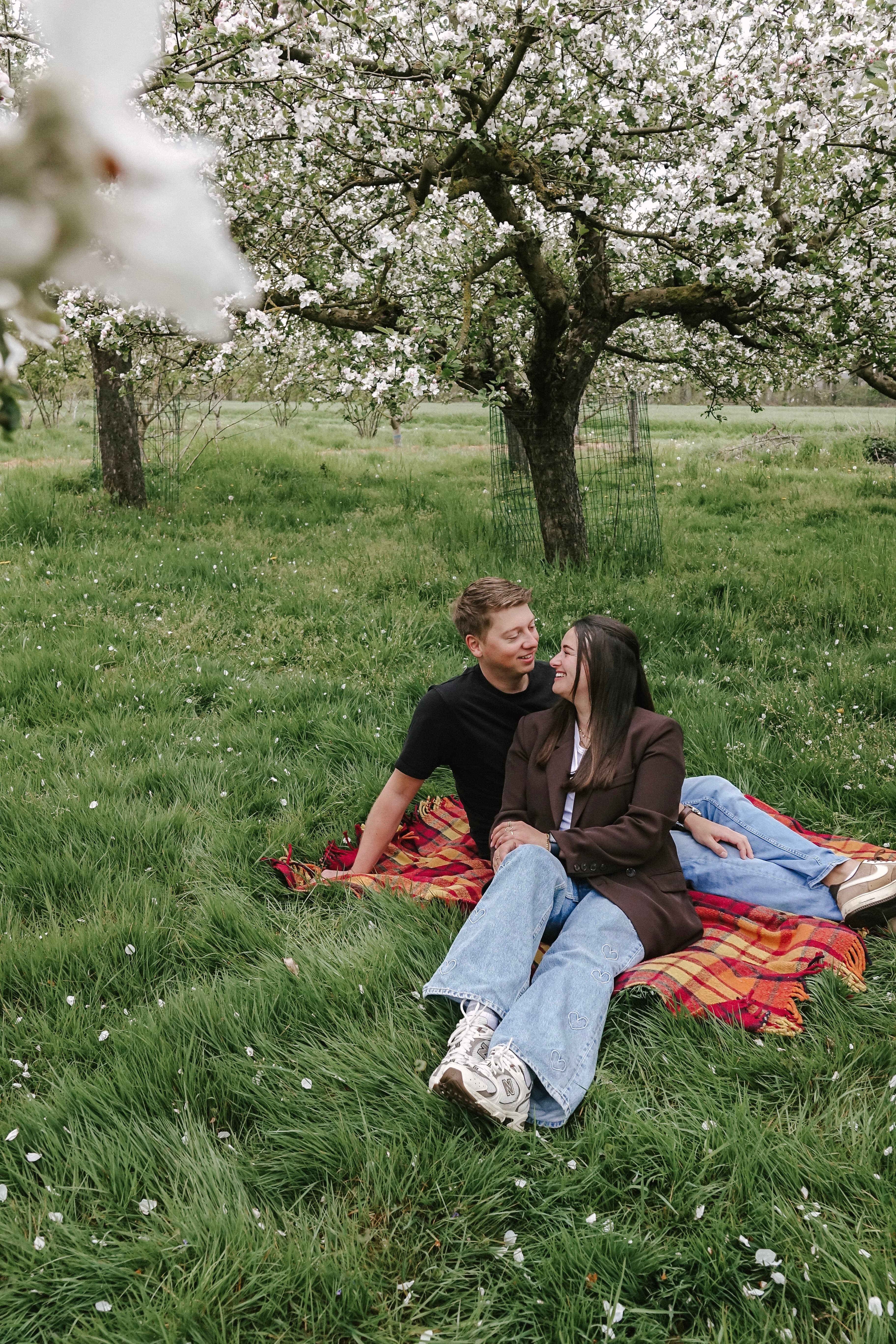 Stel hand in hand onder bloeiende appelbloesem